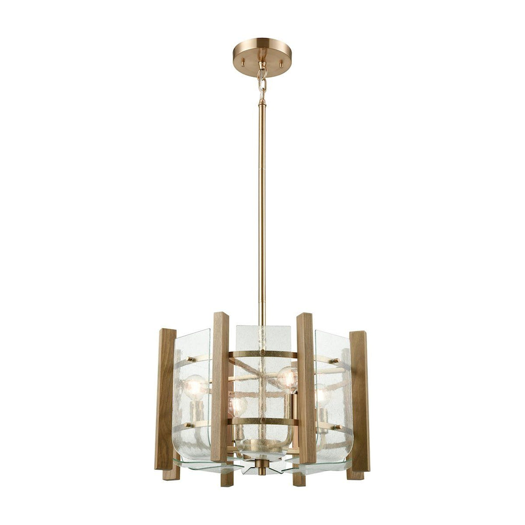 Vindalia 4 Light Chandelier In Satin Brass With Wood Slats And Curved Glass Chandelier Elk Lighting 