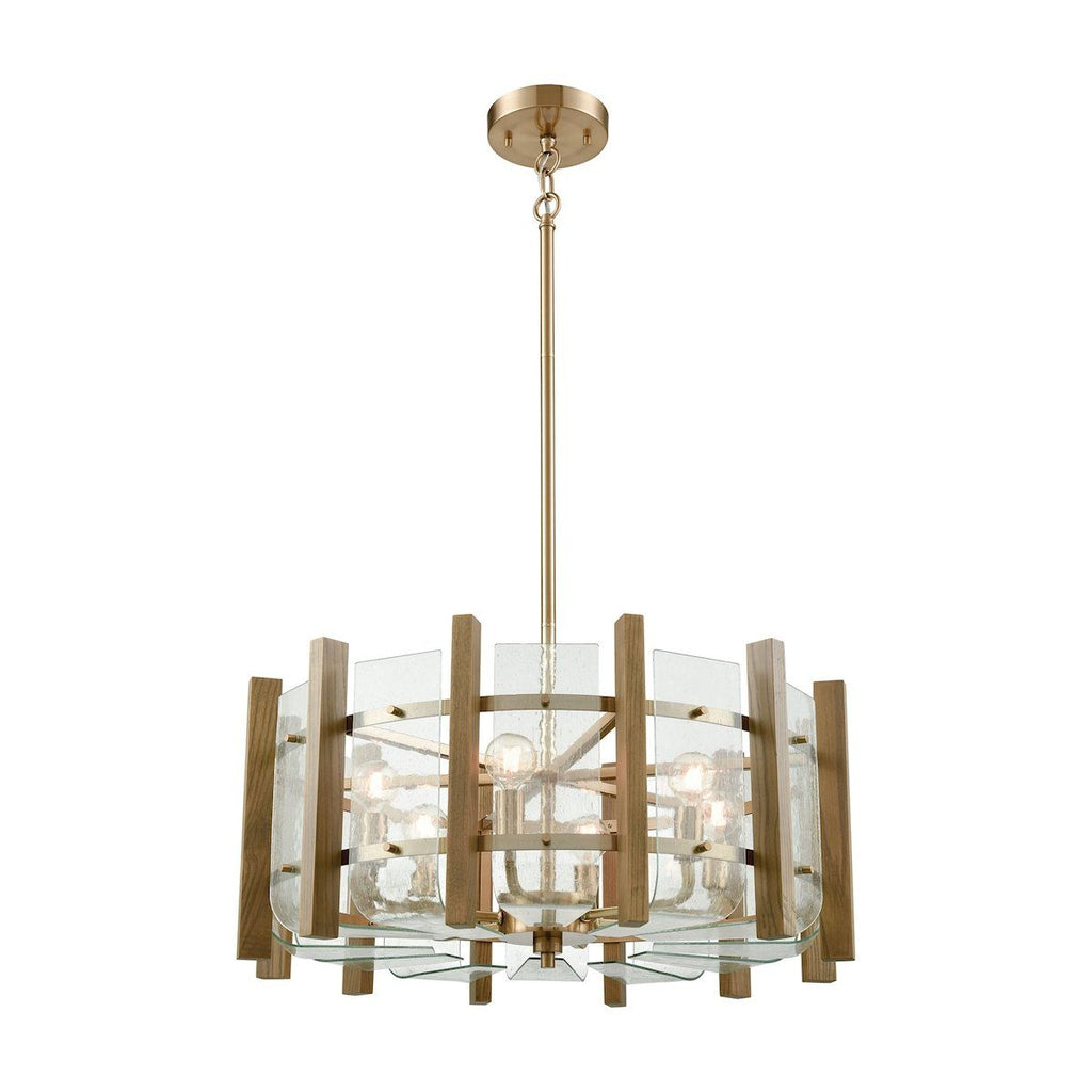 Vindalia 6 Light Chandelier In Satin Brass With Wood Slats And Curved Glass Chandelier Elk Lighting 