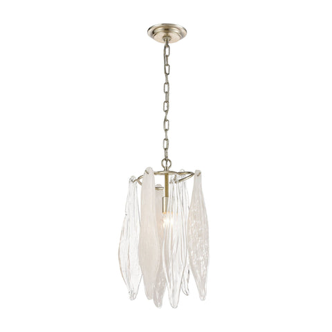 Winterlude 1-Light Mini Pendant in Silver Leaf with Clear and Encased White Hand Formed Glass Ceiling Elk Lighting 