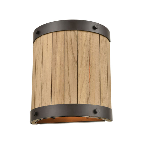 Wooden Barrel 2-Light Sconce in Oil Rubbed Bronze with Slatted Wood Shade in Natural