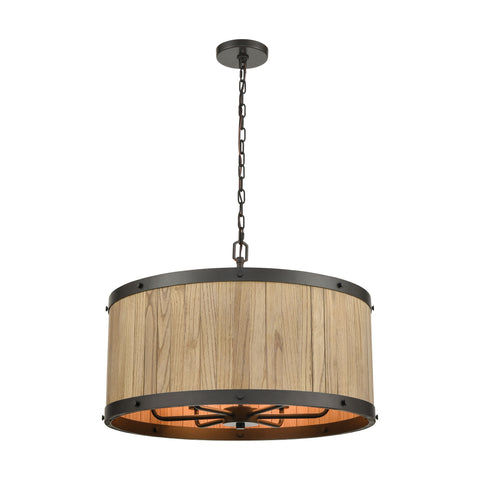 Wooden Barrel 6-Light Chandelier in Oil Rubbed Bronze with Slatted Wood Shade in Natural