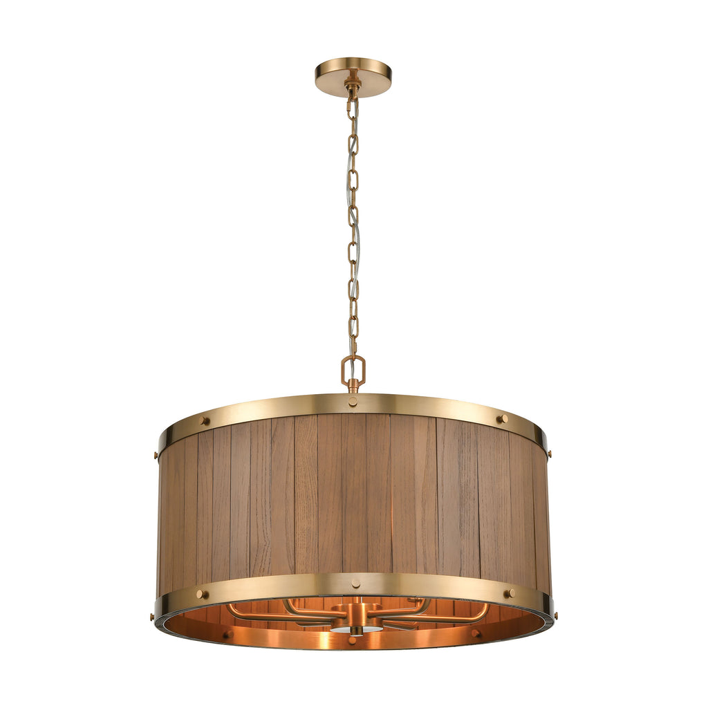Wooden Barrel 6-Light Chandelier in Satin Brass with Slatted Wood Shade in Medium Oak