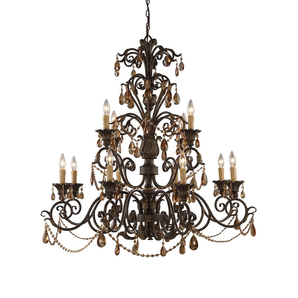 Rochelle 12 Light Chandelier In Weathered Mahogany And Amber Crystal Ceiling Elk Lighting 
