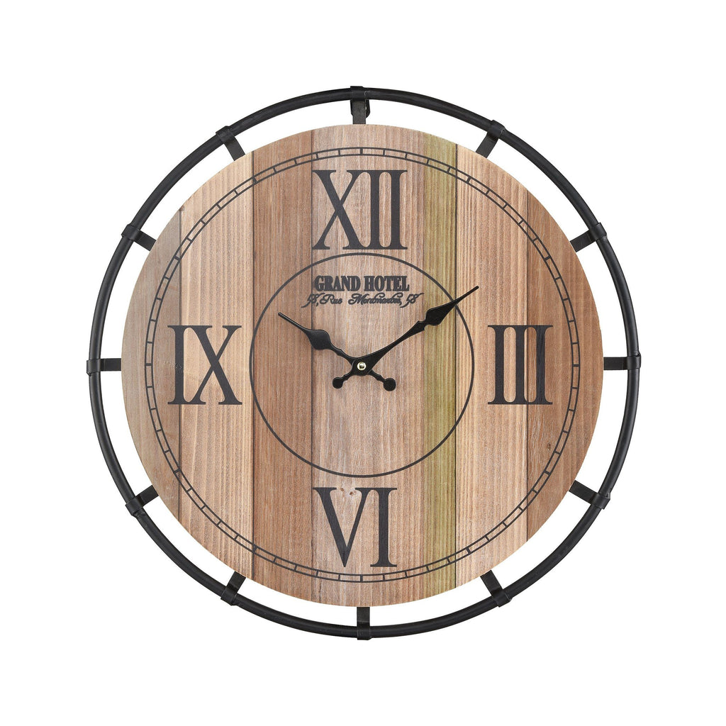 Torino Wall Clock in Natural Wood Tone Veneer and Black Wall Art ELK Home 