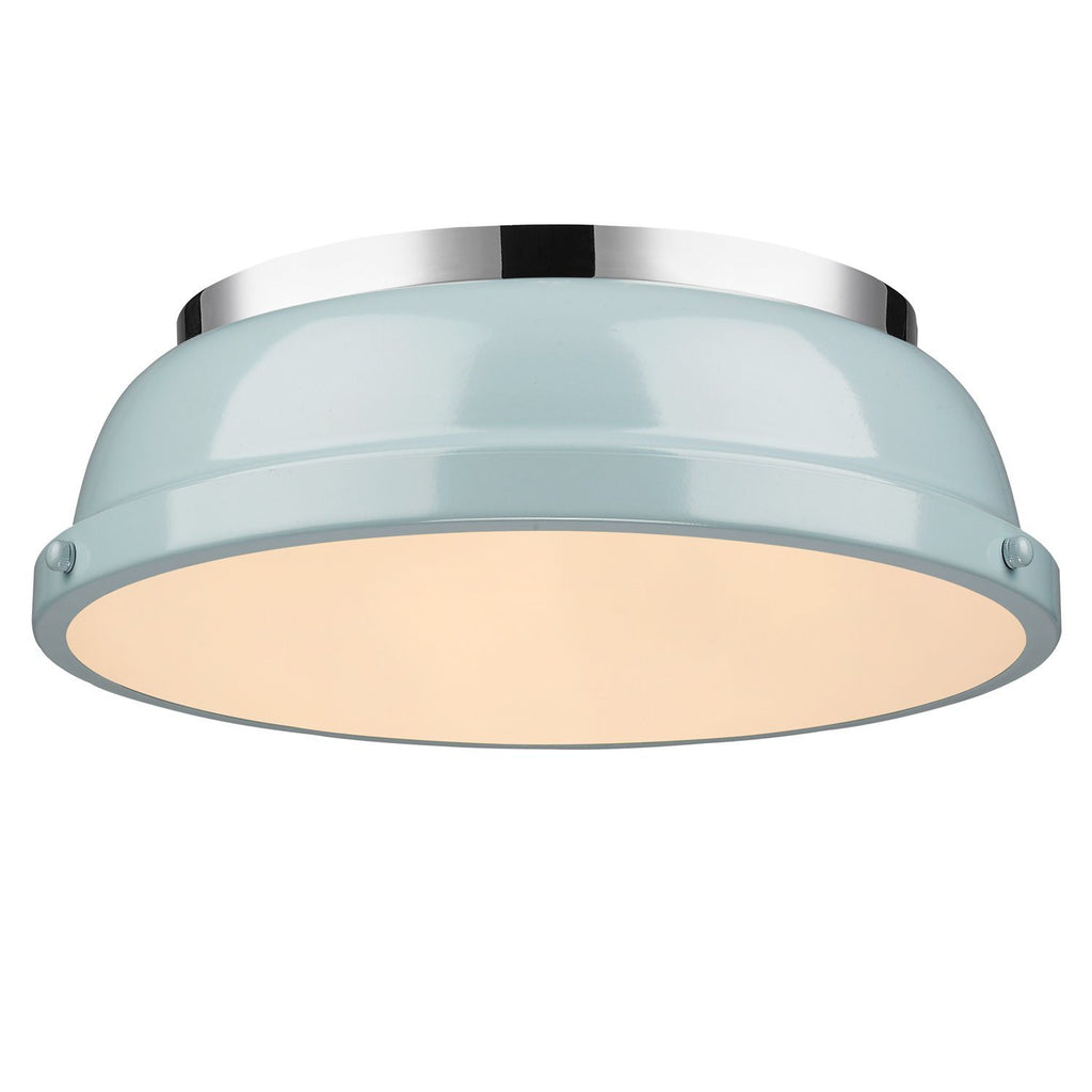 Duncan 14" Flush Mount in Chrome with a Seafoam Shade Ceiling Golden Lighting Seafoam 