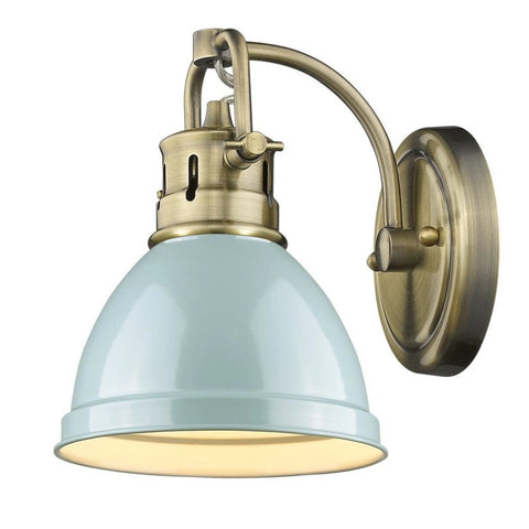 Duncan 1 Light Bath Vanity in Aged Brass with Seafoam Shade Wall Golden Lighting 