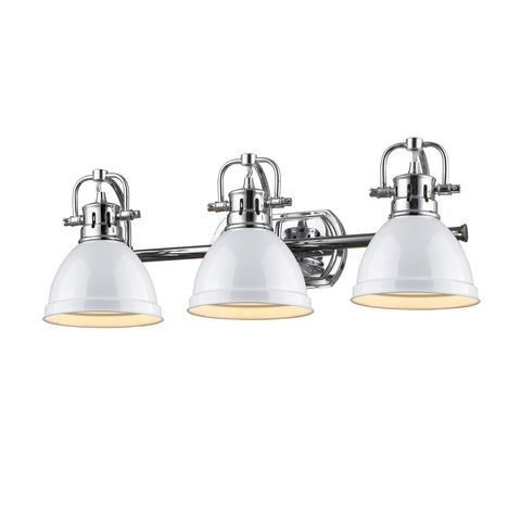 Duncan 3 Light Bath Vanity in Chrome with White Shades Wall Golden Lighting 