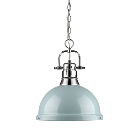 Duncan 1 Light Pendant with Chain in Chrome with a Seafoam Shade Ceiling Golden Lighting 
