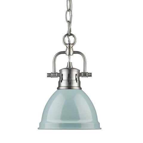 Duncan Mini Pendant with Chain in Pewter with a Seafoam Shade Ceiling Golden Lighting 