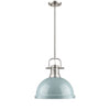 Duncan 1 Light Pendant with Rod in Pewter with a Seafoam Shade Ceiling Golden Lighting 