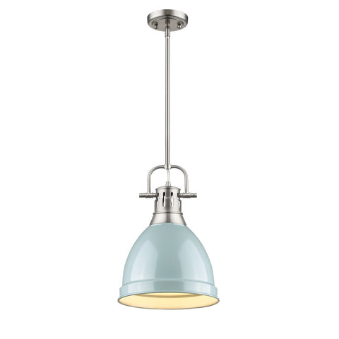 Duncan Small Pendant with Rod in Pewter with a Seafoam Shade Ceiling Golden Lighting 