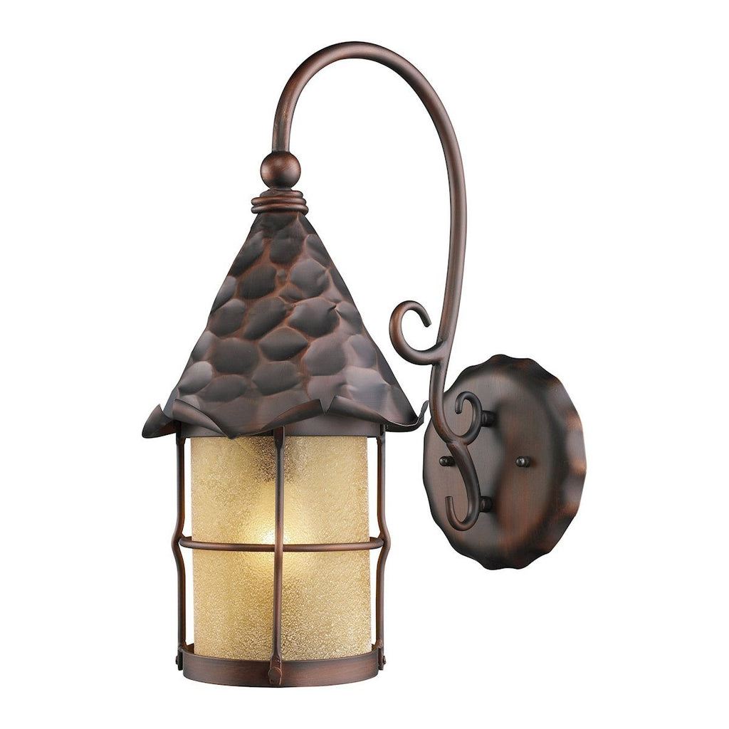 Rustica 1 Light Outdoor Wall Sconce In Antique Copper And Amber Scavo Glass Outdoor Wall Elk Lighting 