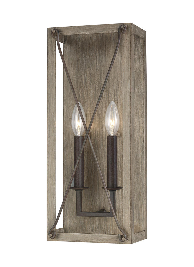 Thornwood Two Light Bath Vanity Fixture Sconce - Washed Pine / Weathered Iron Wall Sea Gull Lighting 