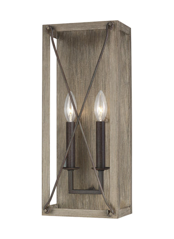 Thornwood Two Light Bath Vanity Fixture Sconce - Washed Pine / Weathered Iron Wall Sea Gull Lighting 