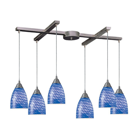 Arco Baleno 6 Light Pendant In Satin Nickel And Sapphire Glass Ceiling Elk Lighting 