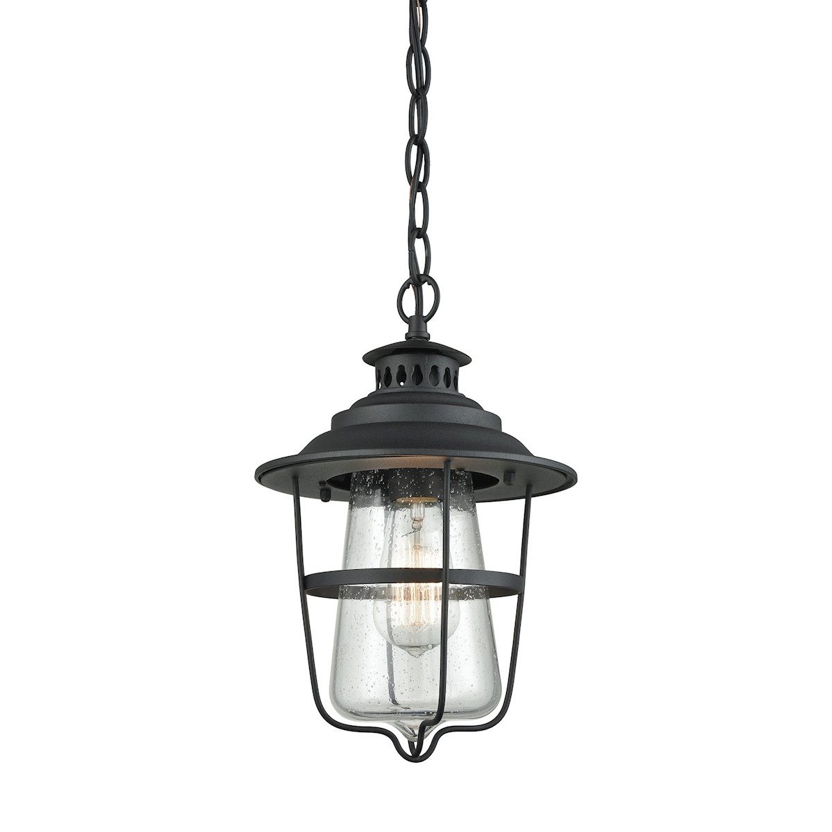 San Mateo 1 Light Outdoor Pendant In Textured Matte Black With Clear Seedy Glass Outdoor Elk Lighting 