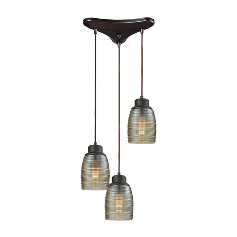 Muncie 3 Light Triangle Pan Pendant In Oil Rubbed Bronze With Champagne Plated Spun Glass Ceiling Elk Lighting 