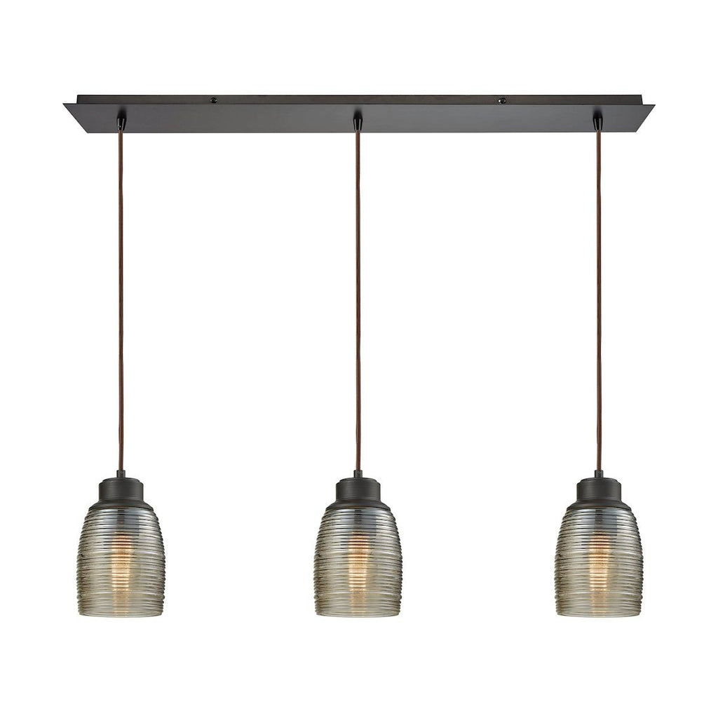 Muncie 3 Light Linear Pan Pendant In Oil Rubbed Bronze With Champagne Plated Spun Glass Ceiling Elk Lighting 