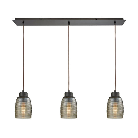 Muncie 3 Light Linear Pan Pendant In Oil Rubbed Bronze With Champagne Plated Spun Glass Ceiling Elk Lighting 
