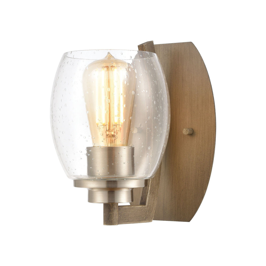 Bixler 1-Light Sconce in Light Wood with Seedy Glass Wall Elk Lighting 