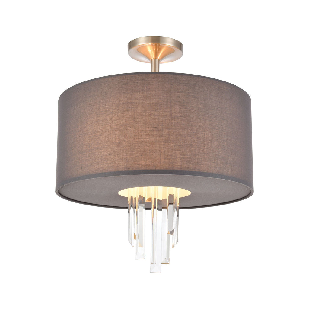 Crystal Falls 3-Light Semi Flush Mount in Satin Nickel with Graphite Fabric Shade Ceiling Elk Lighting 