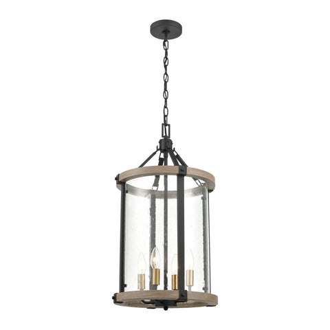 Geringer 4-Light Pendant in Charcoal and Beechwood with Seedy Glass Enclosure