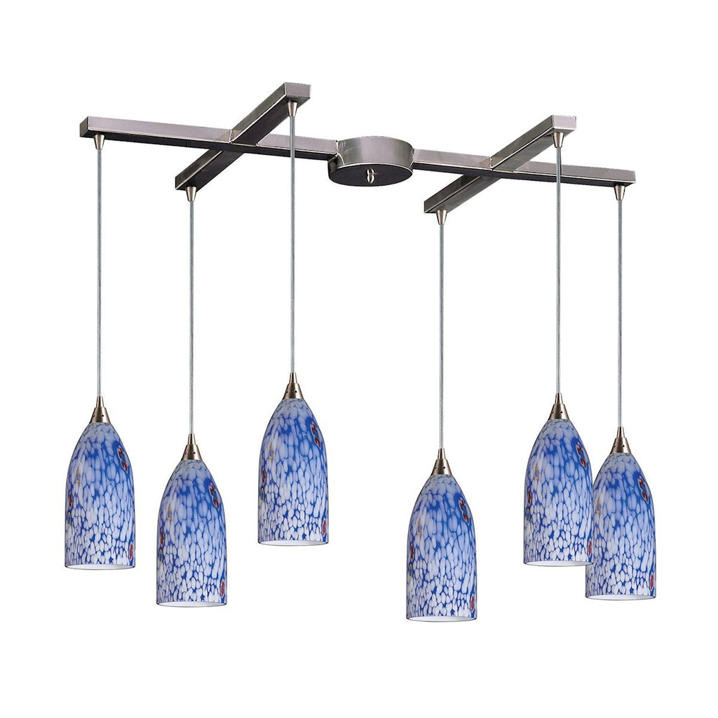 Verona 6 Light Pendant In Satin Nickel And Starburst Blue Glass Ceiling Elk Lighting 