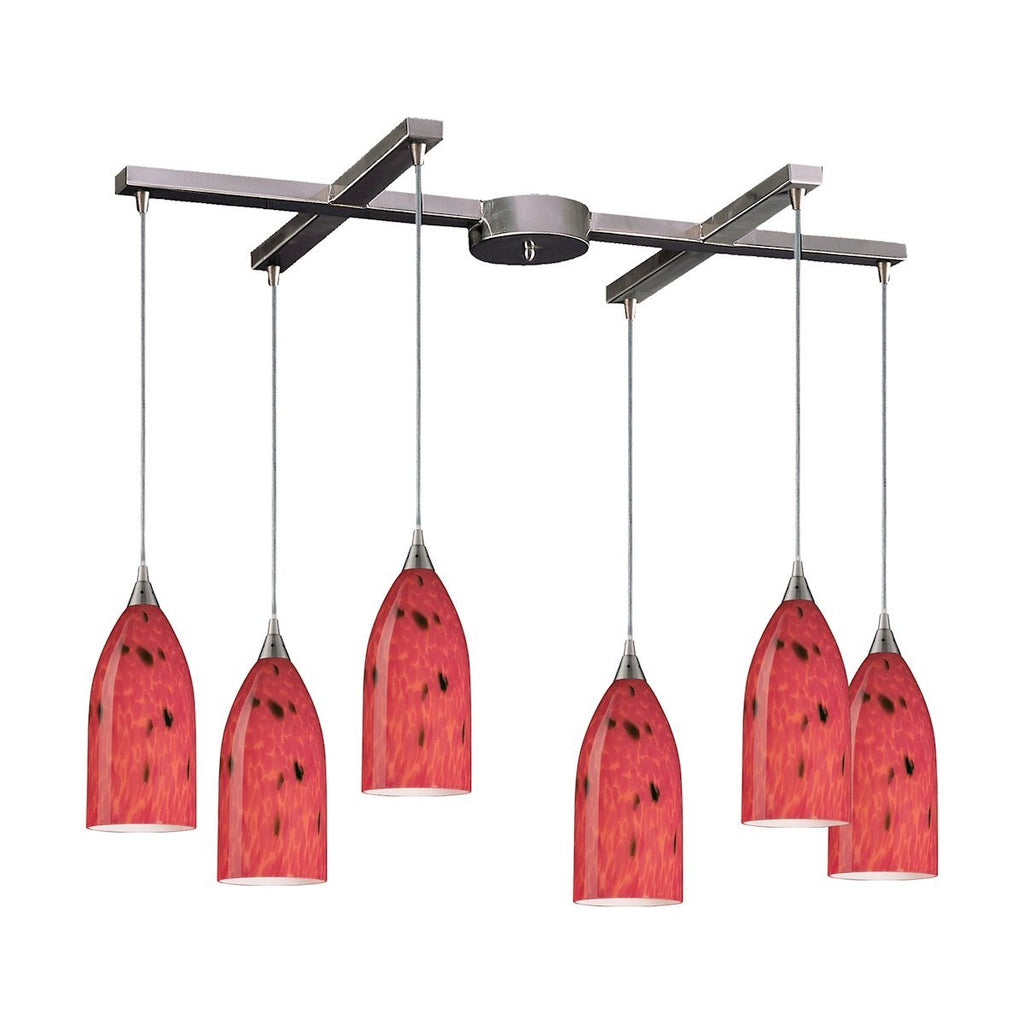 Verona 6 Light Pendant In Satin Nickel And Fire Red Glass Ceiling Elk Lighting 