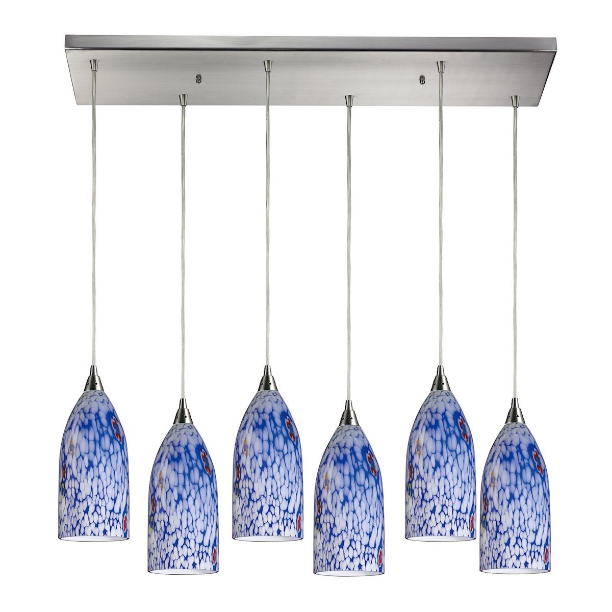 Verona 6 Light Pendant In Satin Nickel And Starburst Blue Glass Ceiling Elk Lighting 