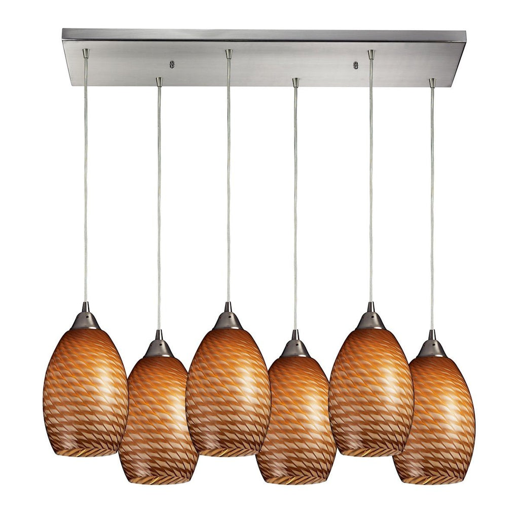 Mulinello 6 Light Pendant In Satin Nickel And Cocoa Glass Ceiling Elk Lighting 
