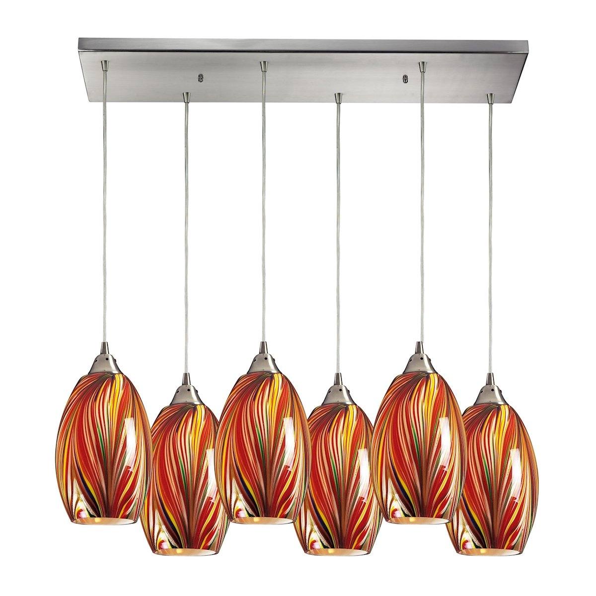 Mulinello 6 Light Pendant In Satin Nickel And Multicolor Glass Ceiling Elk Lighting 