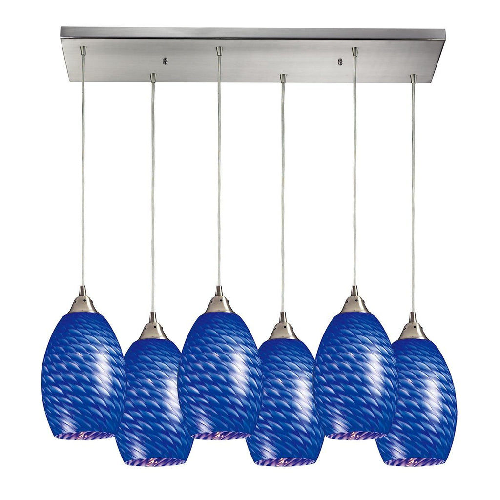 Mulinello 6 Light Pendant In Satin Nickel And Sapphire Glass Ceiling Elk Lighting 