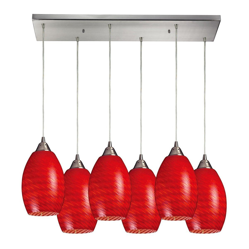 Mulinello 6 Light Pendant In Satin Nickel And Scarlet Red Glass Ceiling Elk Lighting 