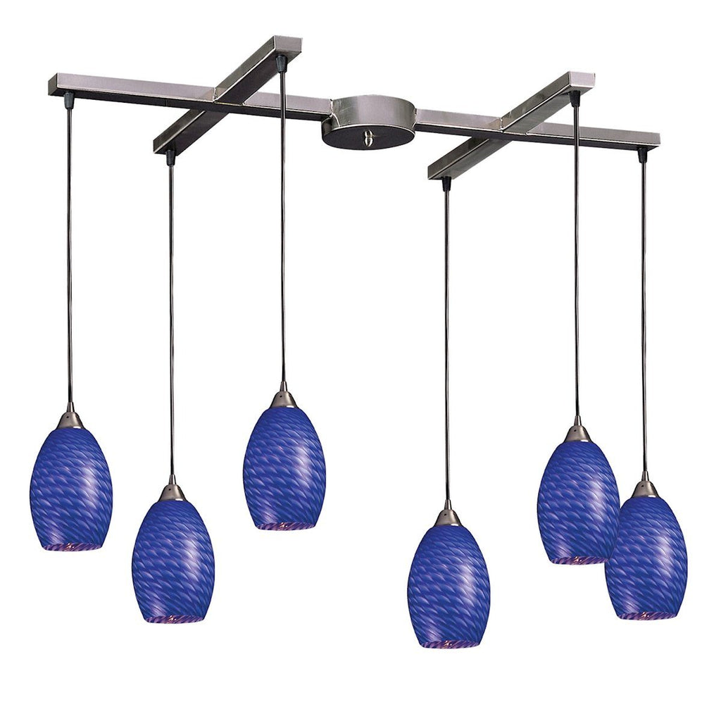 Mulinello 6 Light Pendant In Satin Nickel And Sapphire Glass Ceiling Elk Lighting 