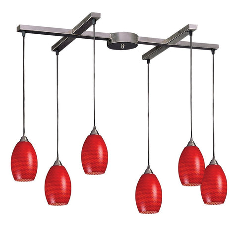 Mulinello 6 Light Pendant In Satin Nickel And Scarlet Red Glass Ceiling Elk Lighting 