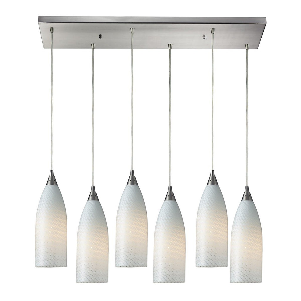 Cilindro 6 Light Pendant In Satin Nickel And White Swirl Glass Ceiling Elk Lighting 