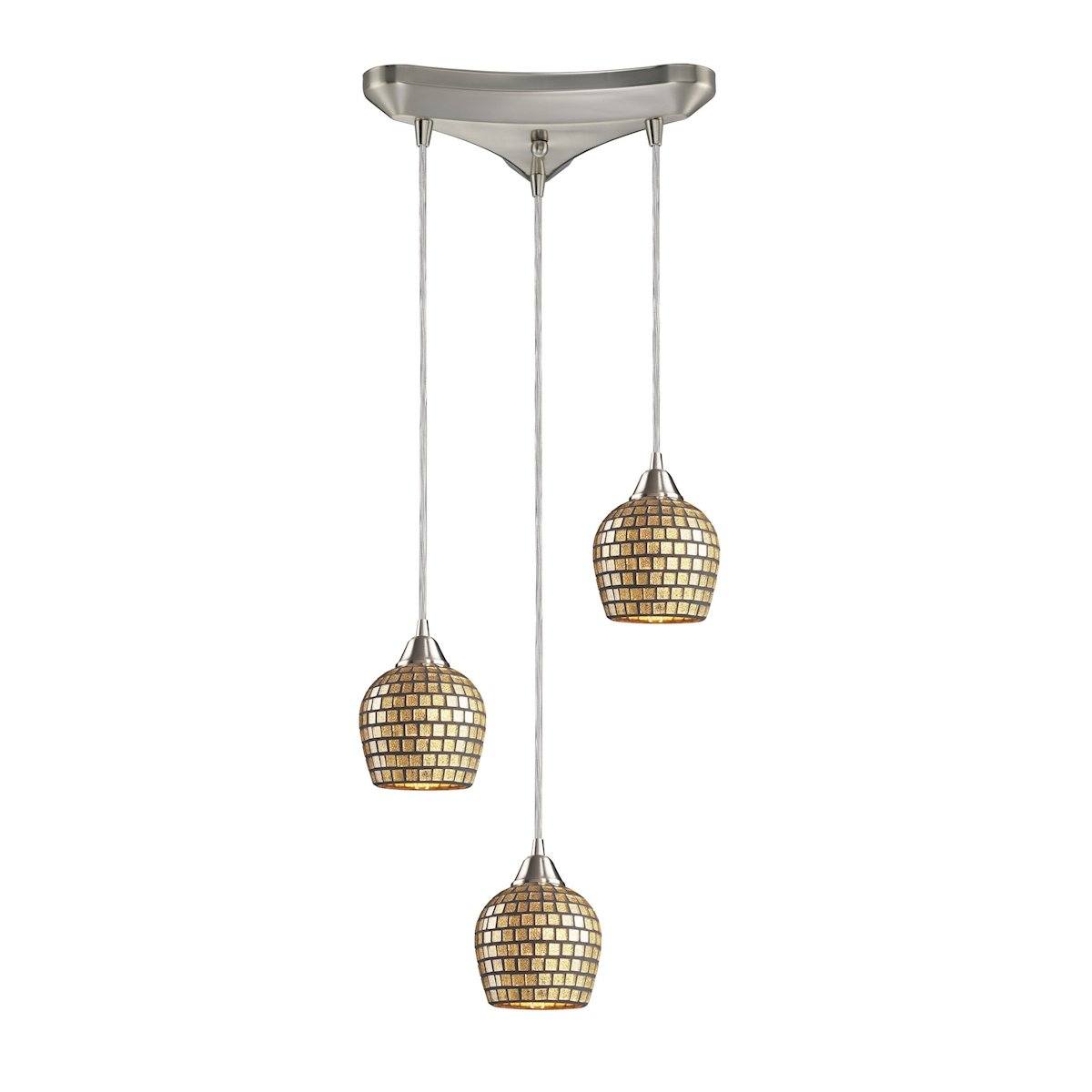 Fusion 3 Light Pendant In Satin Nickel And Gold Leaf Glass Ceiling Elk Lighting 