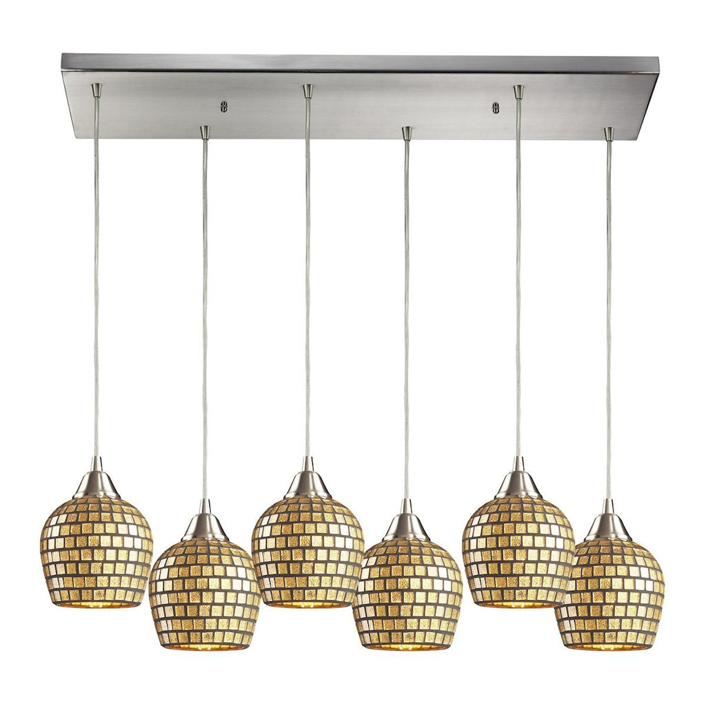 Fusion 6 Light Pendant In Satin Nickel And Gold Leaf Glass Ceiling Elk Lighting 
