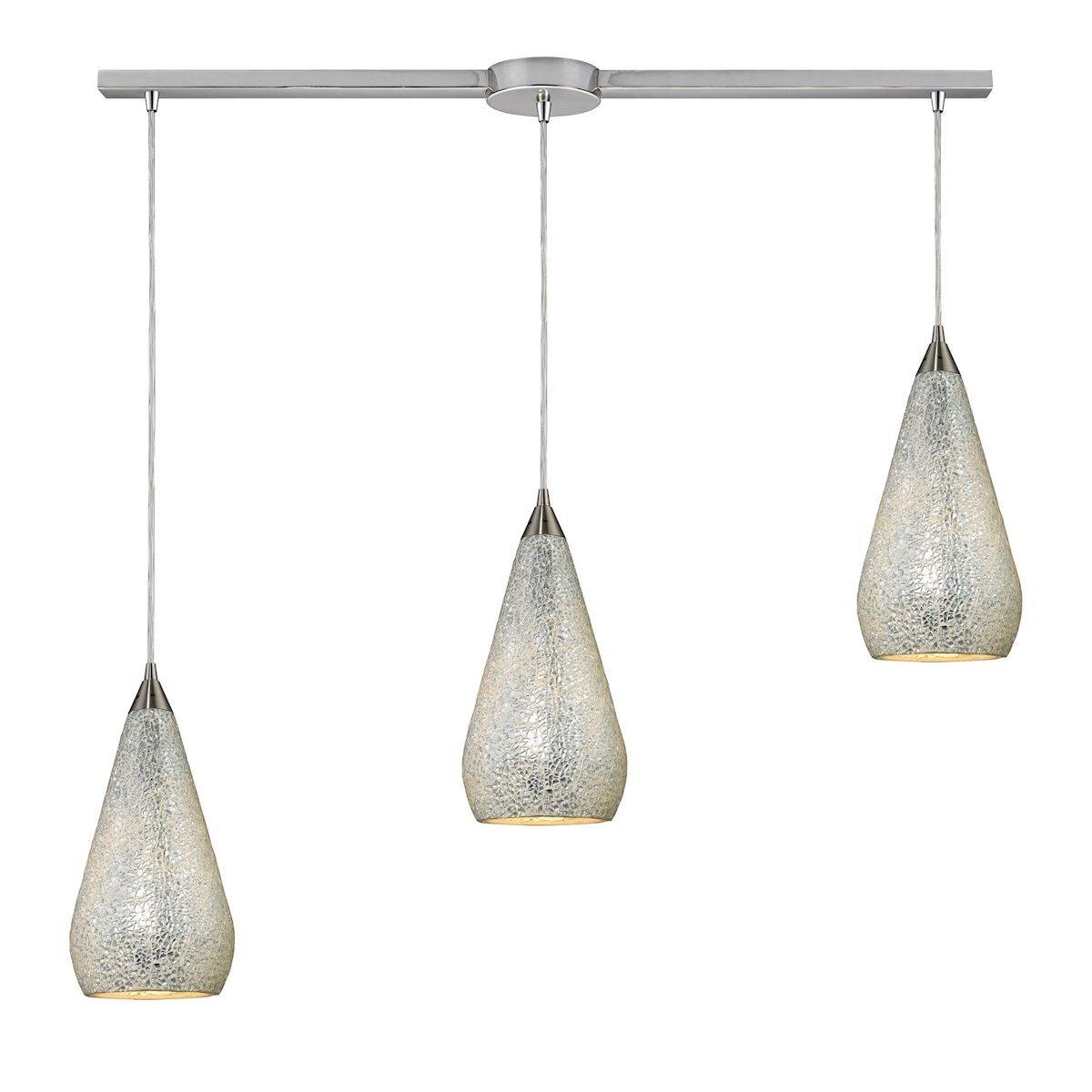 Curvalo 3 Light Pendant In Satin Nickel And Silver Crackle Glass Ceiling Elk Lighting 