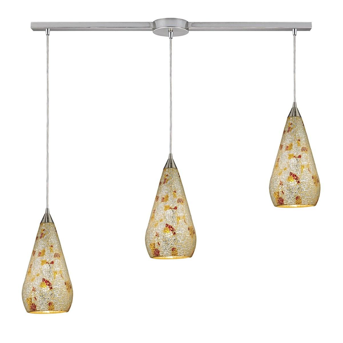 Curvalo 3 Light Pendant In Satin Nickel And Silver Multi Crackle Glass Ceiling Elk Lighting 