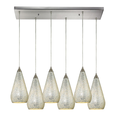 Curvalo 6 Light Pendant In Satin Nickel And Silver Crackle Glass Ceiling Elk Lighting 
