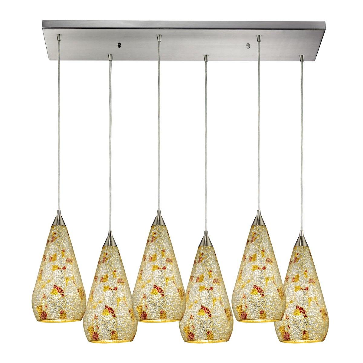 Curvalo 6 Light Pendant In Satin Nickel And Silver Mutli Crackle Glass Ceiling Elk Lighting 
