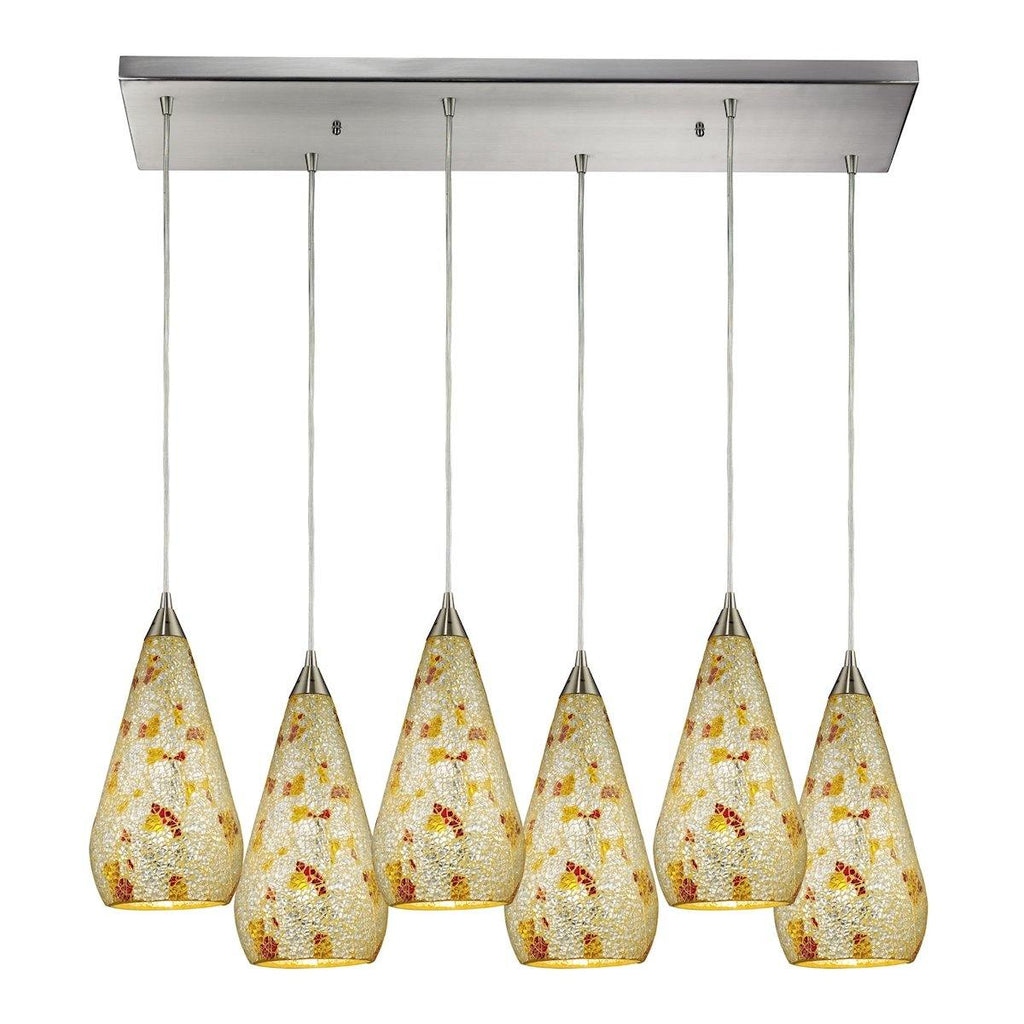 Curvalo 6 Light Pendant In Satin Nickel And Silver Mutli Crackle Glass Ceiling Elk Lighting 