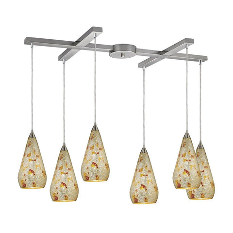 Curvalo 6 Light Pendant In Satin Nickel And Silver Multi Crackle Glass Ceiling Elk Lighting 