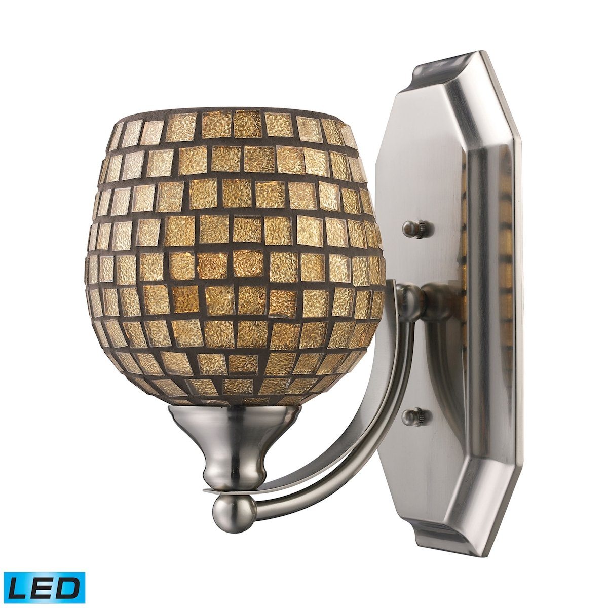 Bath And Spa 1 Light LED Vanity In Polished Chrome And Gold Leaf Glass Wall Elk Lighting 