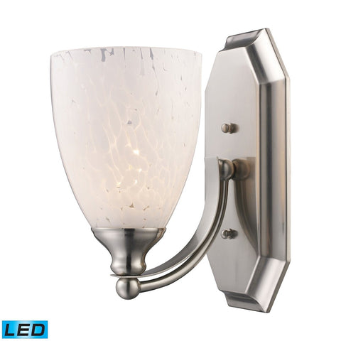 Bath And Spa 1 Light LED Vanity In Satin Nickel And Snow White Glass Wall Elk Lighting 
