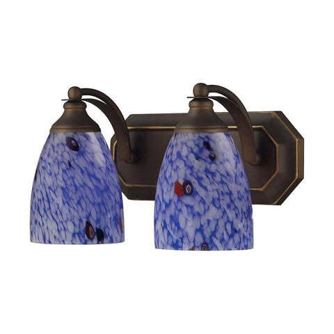 Bath And Spa 2 Light Vanity In Aged Bronze And Starburst Blue Glass Wall Elk Lighting 