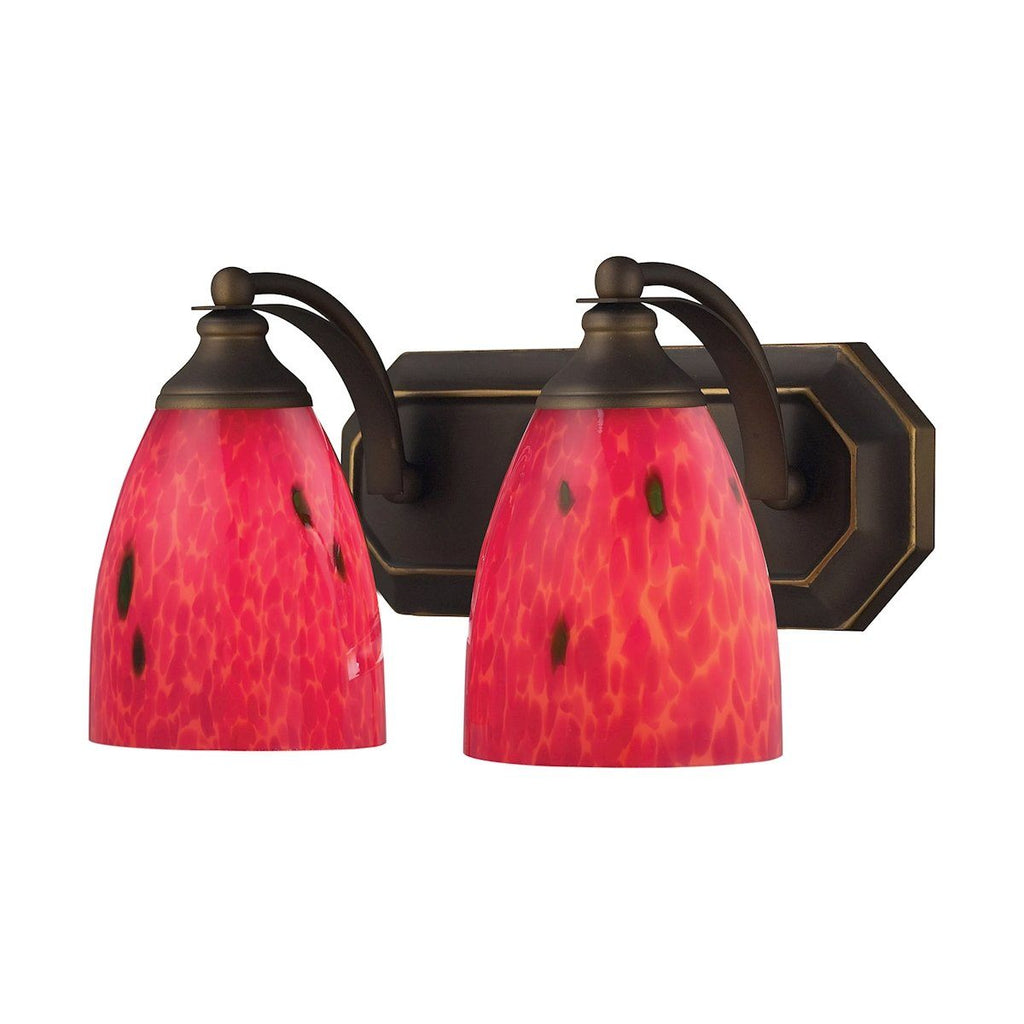 Bath And Spa 2 Light Vanity In Aged Bronze And Fire Red Glass Wall Elk Lighting 