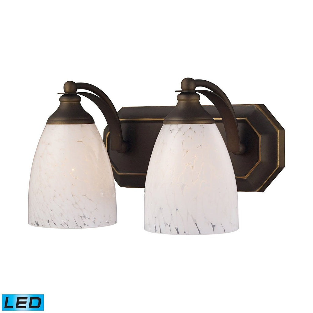 Bath And Spa 2 Light LED Vanity In Aged Bronze And Snow White Glass Wall Elk Lighting 