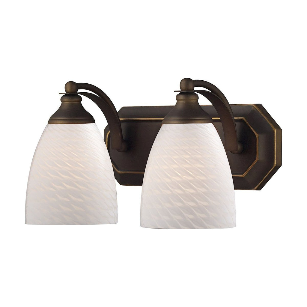 Bath And Spa 2 Light Vanity In Aged Bronze And White Swirl Glass Wall Elk Lighting 